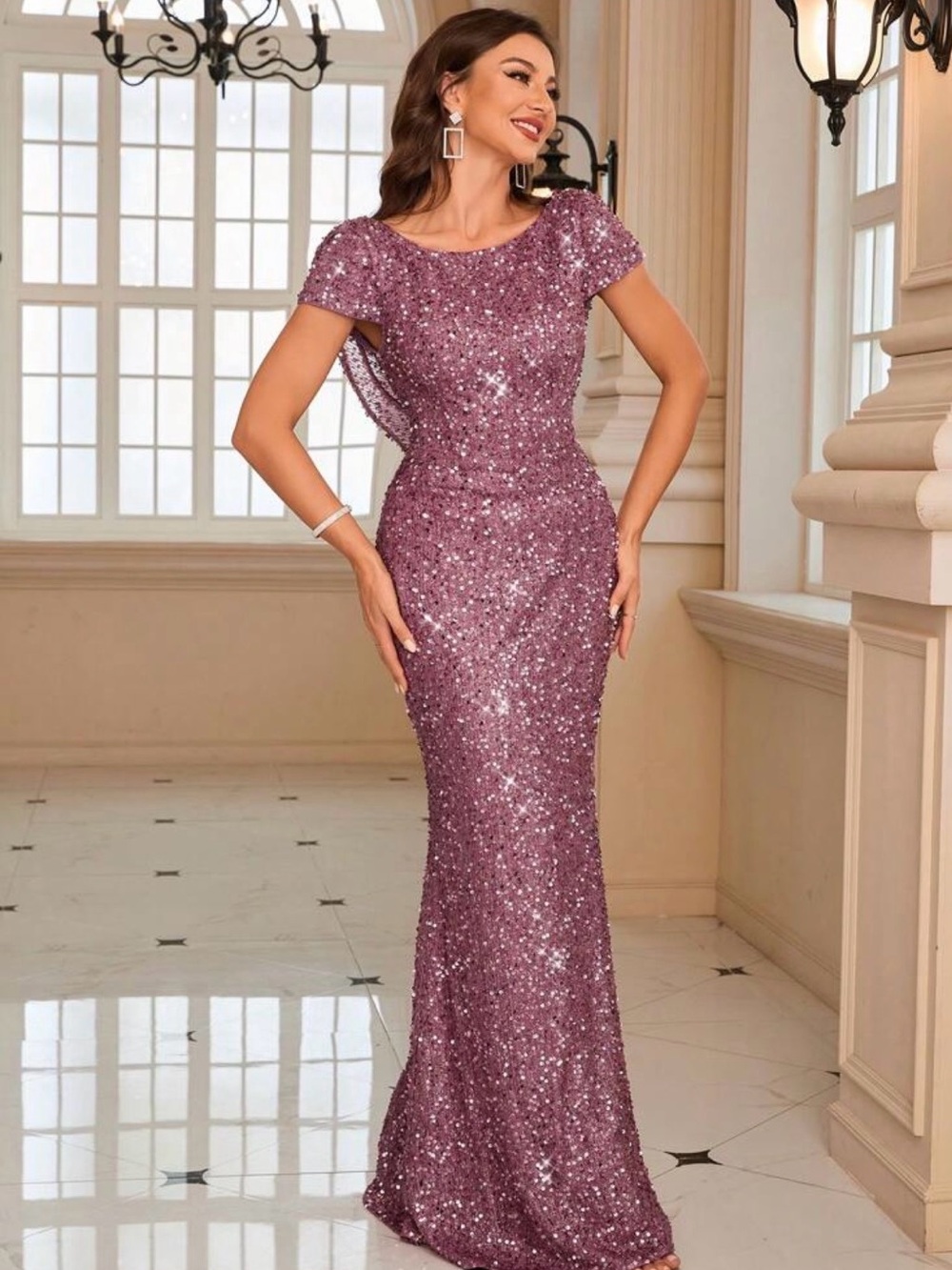 Sequin Maxi Evening Dress in Dusty Rose